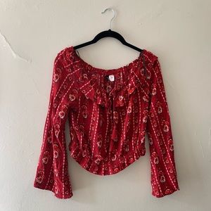 Red floral long sleeve crop blouse